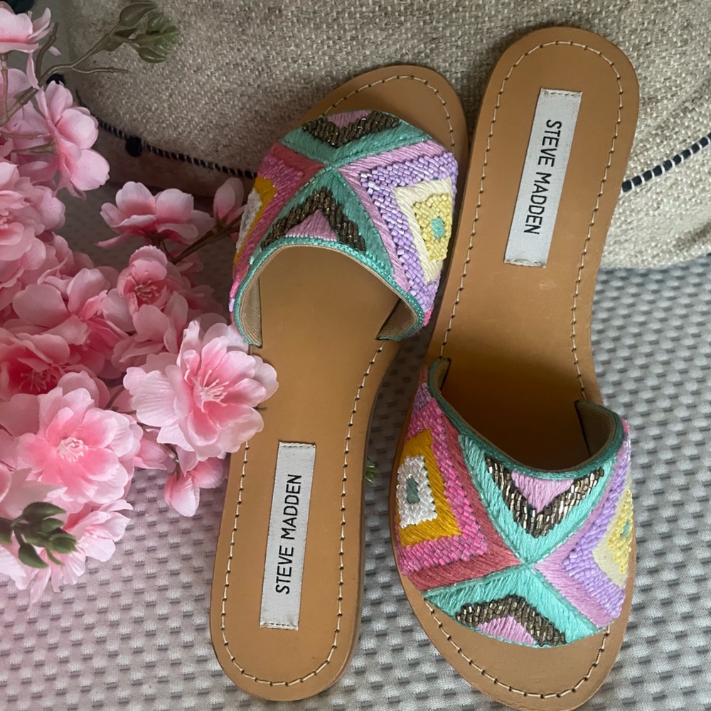 Steve Madden Pink and Green Sandals with Boho Design